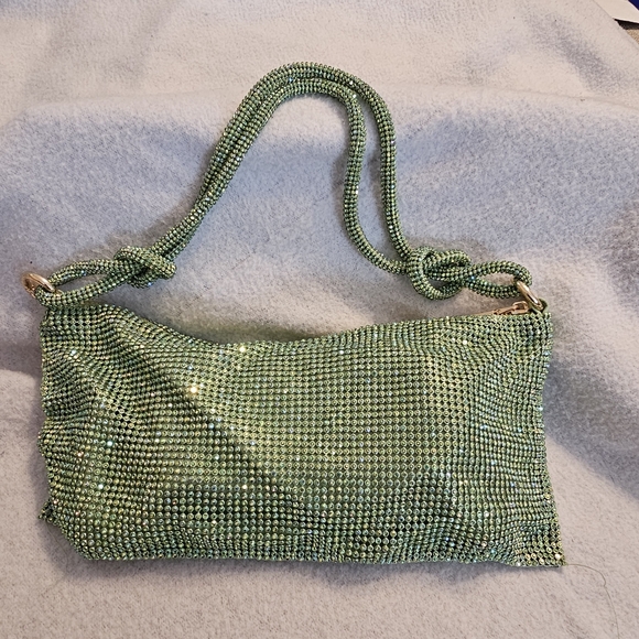 Rhinestone Hobo Shoulder Evening Bag With Tie Strap In Light Green - Picture 1 of 5